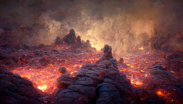 3D Render Molten Lava Texture Background. Lava was in the cracks of the earth to view the texture of the glow of volcanic magma in the cracks, the destroyed surface of the earth.