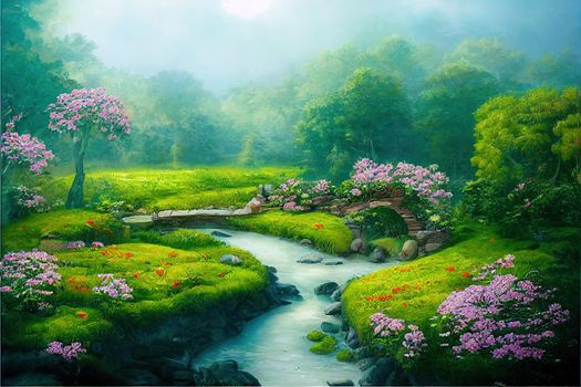 Enchanted garden background with stone bridge illustration. High quality 2d abstract illustration