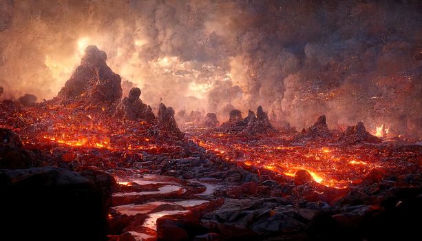 3D Render Molten Lava Texture Background. Lava was in the cracks of the earth to view the texture of the glow of volcanic magma in the cracks, the destroyed surface of the earth.