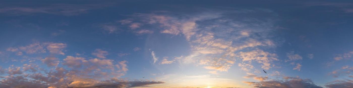 Dark blue twilight sky panorama with Cumulus clouds. Seamless hdr 360 panorama in spherical equiangular format. Full zenith or sky dome for 3D visualization, sky replacement for aerial drone panoramas