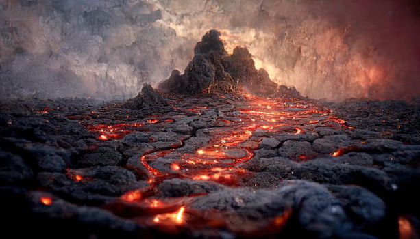 3D Render Molten Lava Texture Background. Lava was in the cracks of the earth to view the texture of the glow of volcanic magma in the cracks, the destroyed surface of the earth.