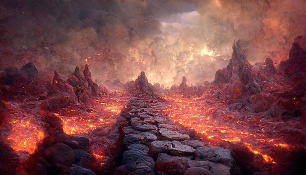 3D Render Molten Lava Texture Background. Lava was in the cracks of the earth to view the texture of the glow of volcanic magma in the cracks, the destroyed surface of the earth.