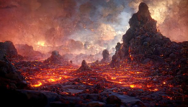 3D Render Molten Lava Texture Background. Lava was in the cracks of the earth to view the texture of the glow of volcanic magma in the cracks, the destroyed surface of the earth.