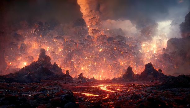 3D Render Molten Lava Texture Background. Lava was in the cracks of the earth to view the texture of the glow of volcanic magma in the cracks, the destroyed surface of the earth.