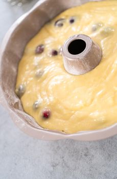 Cake batter in bundt cake pan ready for baking.