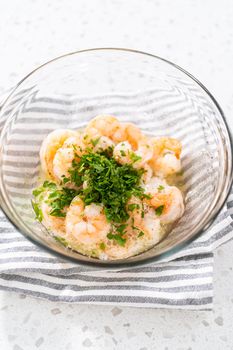Freshly cooked shrimp scampi in a bowl.