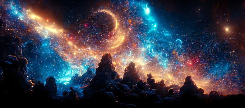 abstract illustration of the cosmos on the theme of the origin of life in the universe with stars, comets and nebulae.