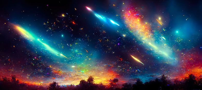 abstract background of outer space with ultra bright stars and comets on the theme of explosions and life in space.
