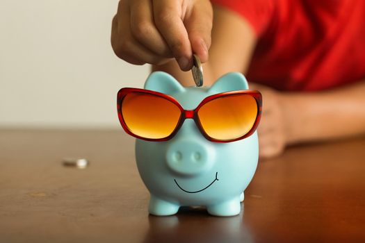 Piggy bank, sunglasses, travel money