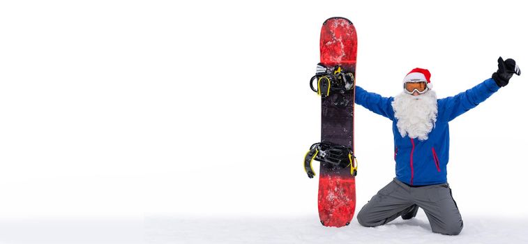 a man in a Santa suit and a snowboard on a white background.