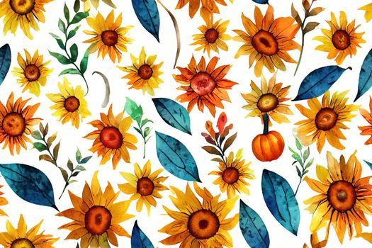 Watercolor seamless pattern with sunflowers heads, pumpkins and autumn leaves. Fall pattern. Retro autumn print for textile and fabric. Pumpkins pattern for home and kitchen. Watercolor autumn motif