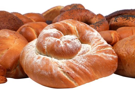 assorted breads isolated on a white background.