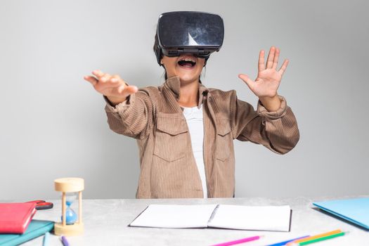 little girl with virtual reality headset. Innovation technology and education concept