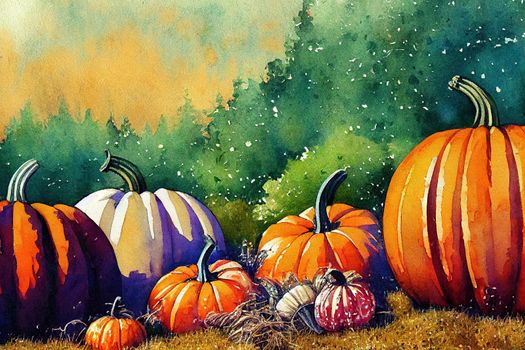 Watercolor illustration in vintage style vintage half timbered houses in the autumn garden with pumpkins, dry grass, garden utensils.