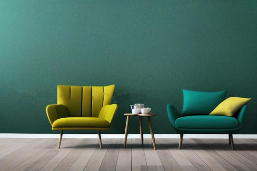 Modern interior design of living room with armchair and empty green mock up wall background 3D Rendering, 3D Illustration