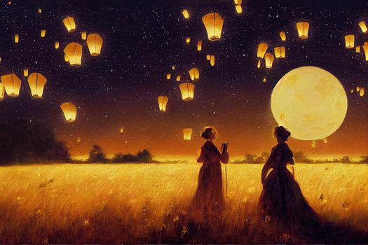 Romantic oil painting lovers on night field in tall grass by light of lanterns meeting starry night at sunset with big moon Fantasy love art Modern impressionism painting.