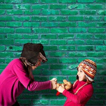 The little sisters who wear winter hats and red pullovers quarrel and fight and compete for a teddy bear. Green bricks background