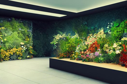 Natural beauty podium backdrop for product display with abstract garden scene. 3d rendering.