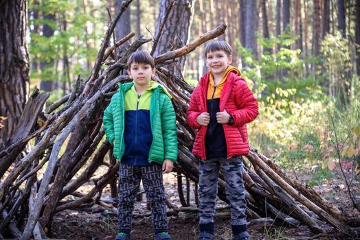 Two sibling brothers boys In the spring or autumn pine forest plays built a hut of sticks.
