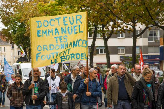 LE MANS, FRANCE - OCTOBER 10, 2017: People demonstrate during a strike against new laws of healf care system of a president of France Emmanuel Macron