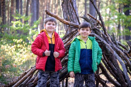 Two sibling brothers boys In the spring or autumn pine forest plays built a hut of sticks.
