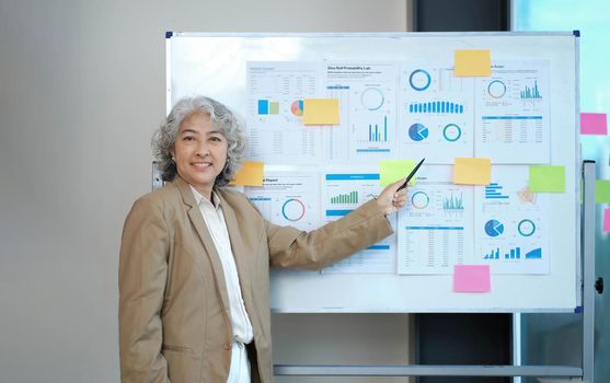 Woman boss presenting company economic charts growth report using flip chart, diverse.