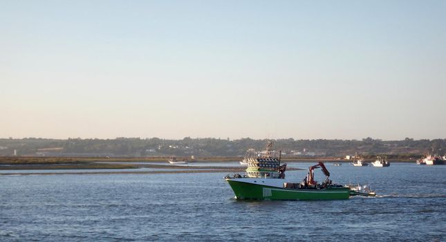 Green fishing boat sailing in the sea