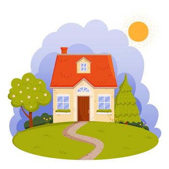 Vector cartoon illustration of a beautiful house and spring landscape isolated on white background.