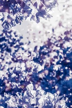 Magical, branding and festive concept - Christmas, New Years purple floral nature background, holiday card design, flower tree and snow glitter as winter season sale backdrop for luxury beauty brand