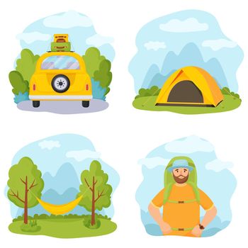 Summer holidays and tourism. Vector set of their four illustrations. Tourist tent, hammock, car with luggage and hiker.