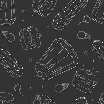Seamless pattern of elements with hand drawn pastry on chalkboard background. Vector icons in black and white sketch style. Hand drawn isolated objects.