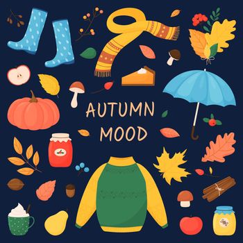 Autumn mood. Vector set with autumn elements in cartoon style. Vector illustration on a dark blue background.