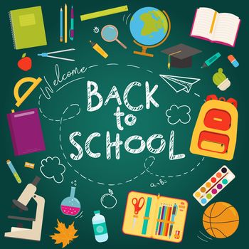 Back to school banner flat icon set on a school blackboard background. Vector illustration. Education concept