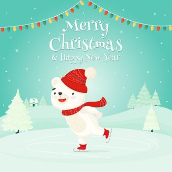 Merry christmas and a happy new year. Cute white bear ice skating on a background of a winter landscape. Vector illustration for greeting cards, stickers, banners.