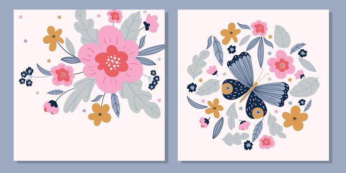 card template with flowers and butterfly on a light pink background vector illustrtion