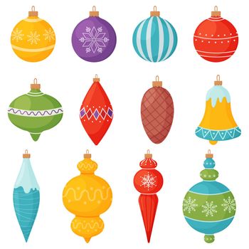 Set of Christmas tree decorations for New Year and Christmas isolated on white background. Vector illustration in cartoon style.