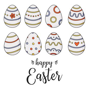Happy easter lettering. Doodle easter eggs with stripes, dots, leaves. Vector illustration on a white background.