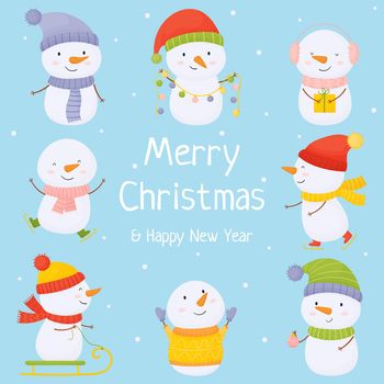 Set of cute Christmas snowmen flat vector illustrations. Winter outdoor activities for children. Cheerful snowmen in different costumes on a light blue background. Vector illustration.