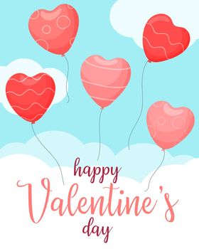 Happy Valentine's day. Pink and red heart-shaped balloons against the sky and clouds and the inscription. Vector illustration for greeting cards, banners, stickers, etc.