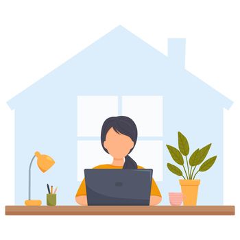 A woman with a laptop is studying or working at home. Vector illustration in a flat style.