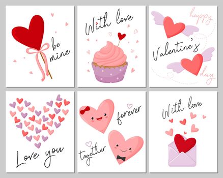 Valentine's day greeting card set with hearts on a white background. Lettering With love. Be mine. Together forever. Design for valentines and weddings.