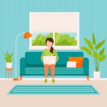 woman with a laptop working or studying at home sitting on a sofa in the living room. Vector illustration flat style.