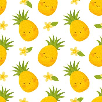 Seamless pattern with cute pineapple flowers and leaves. Organic healthy fruits on a white fion. Cartoon illustration. Perfect for wrapping paper, wallpaper, background, fabric print.