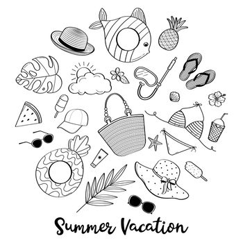 Set of hand drawn summer beach items. Black sketch in the shape of a circle on a white background. Vector illustration