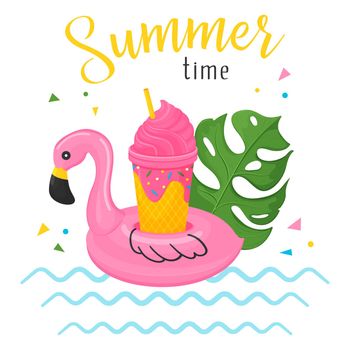 Summer time. Cocktail in a rubber ring in the form of a flamingo tropical leaf and the inscription. Bright illustration on a white background.