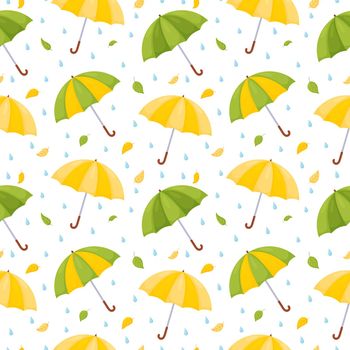Seamless pattern with multicolored umbrellas, raindrops and falling leaves. Vector illustration on white background