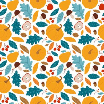 Autumnal seamless pattern with various pumpkin leaves, pears, apples, berries and mushrooms. Vector illustration on a white background.