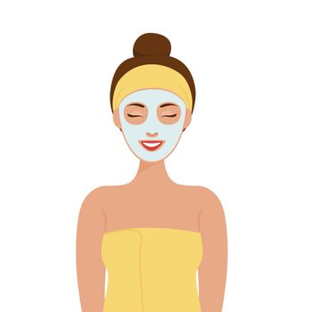 Woman with a cosmetic mask on her face. Quarantine. Beauty and Health, mental health. Personal home care. Vector illustration isolated on a white background.