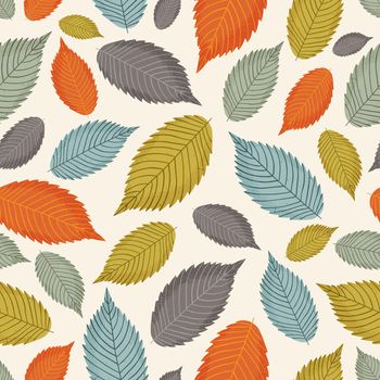 Seamless pattern with colorful autumn leaves on a beige background. Vector illustration