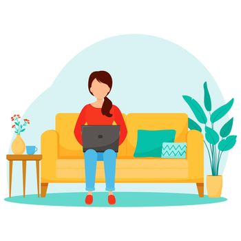 The concept of online studies or freelance, a girl with a laptop works at home sitting on the couch. Vector illustration on a white background.